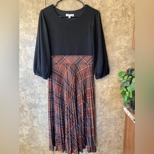 ROBBIE BEE PLEATED Plaid Midi DRESS Balloon Sleeve Black Brown Ribbed Small